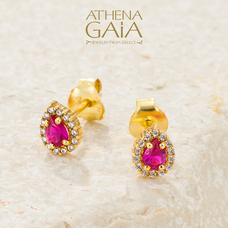 Small Halo Pear Stud Earrings - 14k Gold Earrings