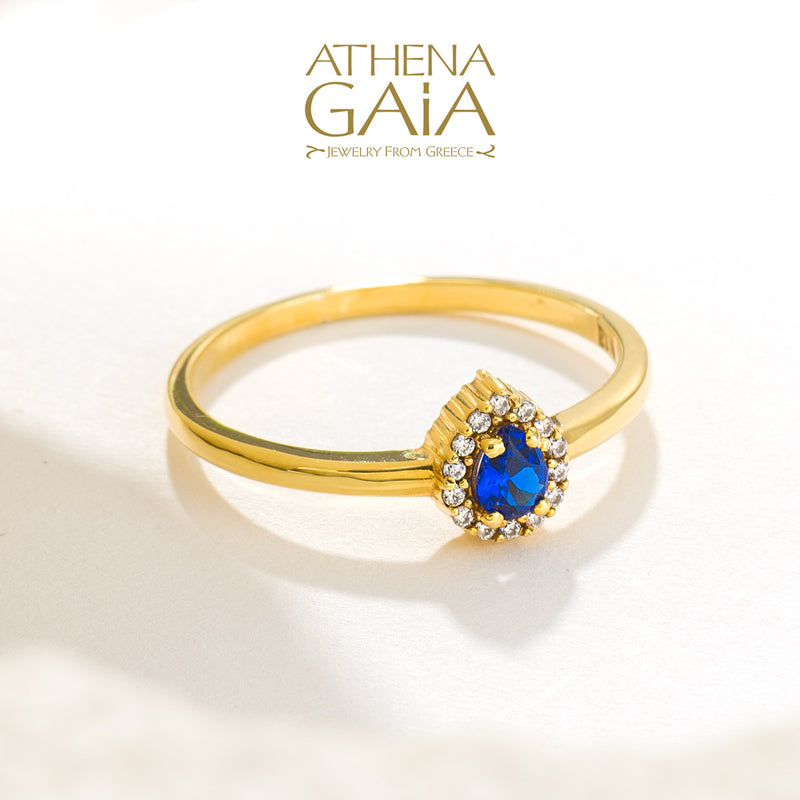 Small Halo Pear Ring - 14k Gold Ring - Cocktail Ring