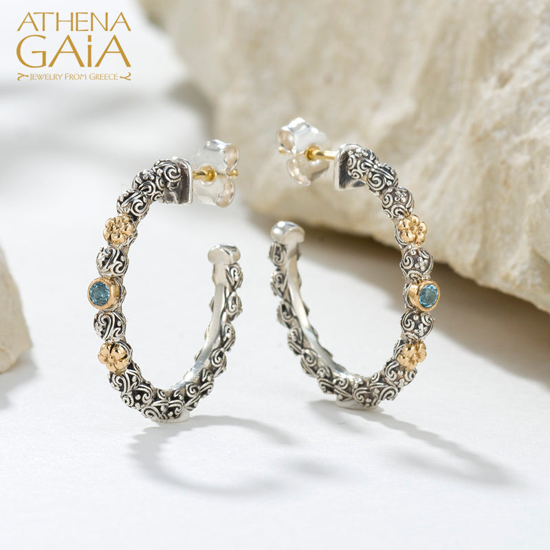 Wild Flowers Single Round Stone Medium Earrings - 18k Gold & Sterling Silver - Hoop Earrings