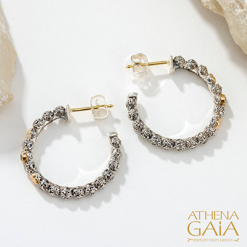 Wild Flowers Single Round Stone Medium Earrings - 18k Gold & Sterling Silver - Hoop Earrings