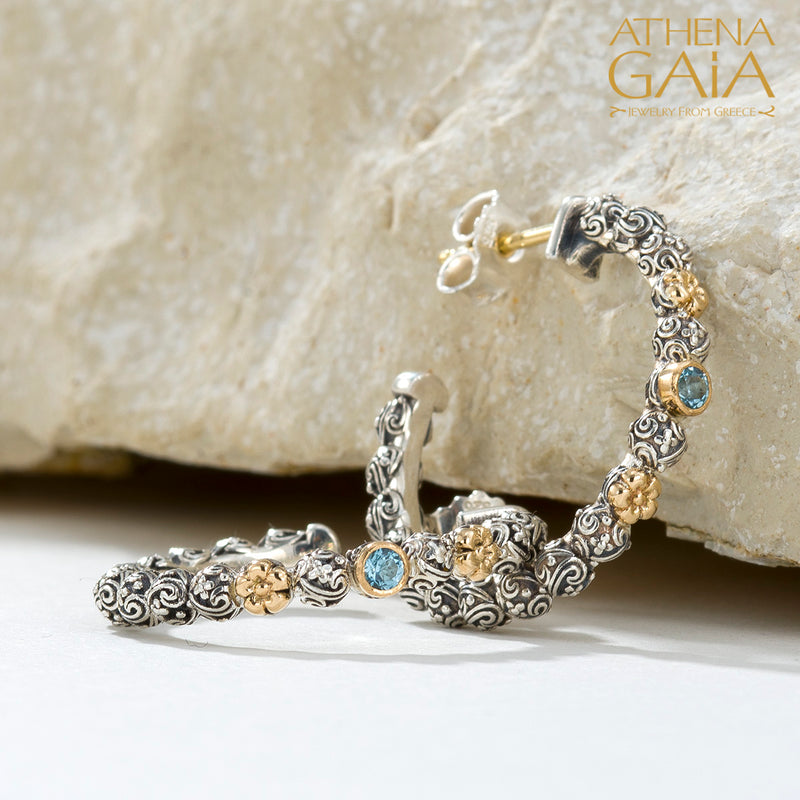 Wild Flowers Single Round Stone Medium Earrings - 18k Gold & Sterling Silver - Hoop Earrings