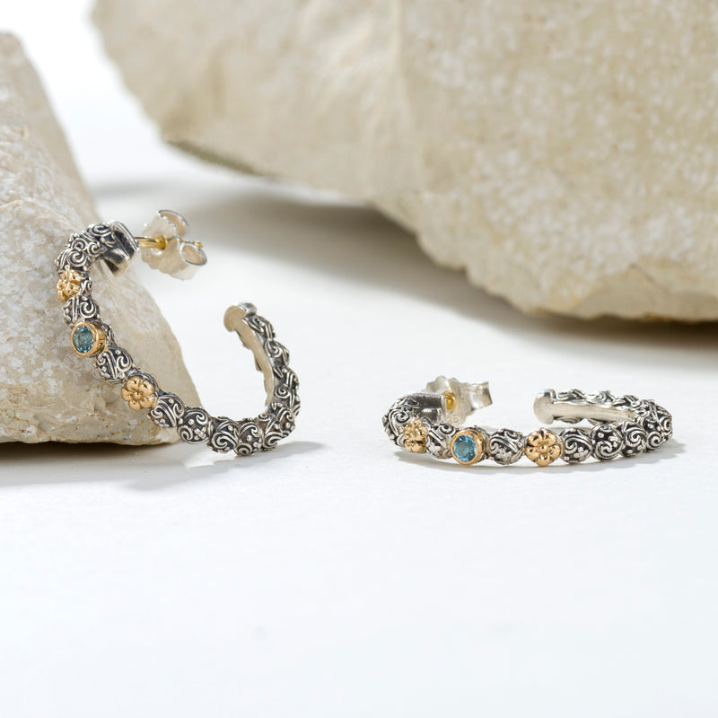 Wild Flowers Single Round Stone Medium Earrings - 18k Gold & Sterling Silver - Hoop Earrings