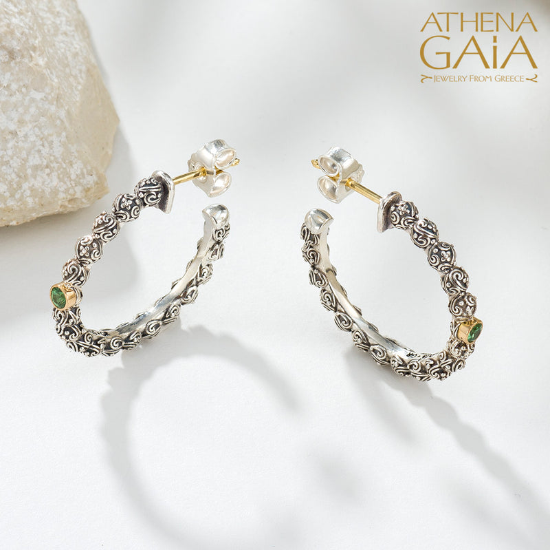 Meadow Breeze Single Round Stone Earrings - 18k Gold & Sterling Silver - Hoop Earrings