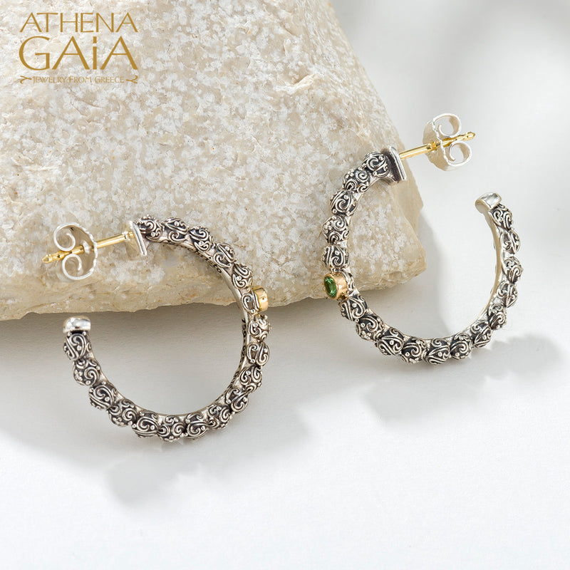 Meadow Breeze Single Round Stone Earrings - 18k Gold & Sterling Silver - Hoop Earrings