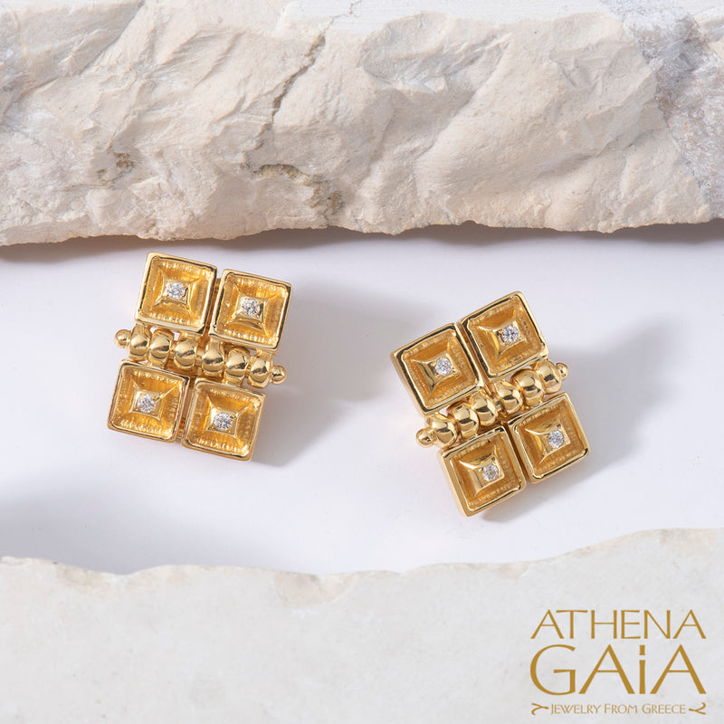 Quad Symmetry Earrings - 18k Gold Earrings - Omega Clip Earrings