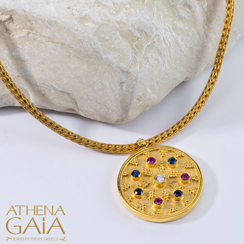 Byzantine Embroidery Disc Pendant Necklace (Large) - 18k Gold Necklace