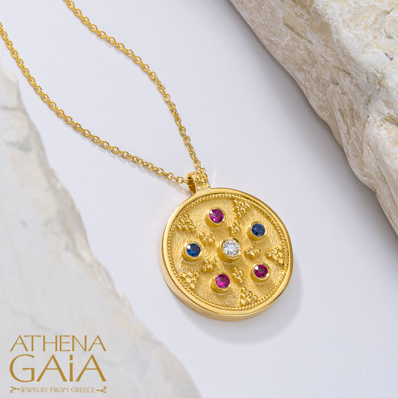 Byzantine Embroidery Small Disc Pendant Necklace - 18k Gold Necklace