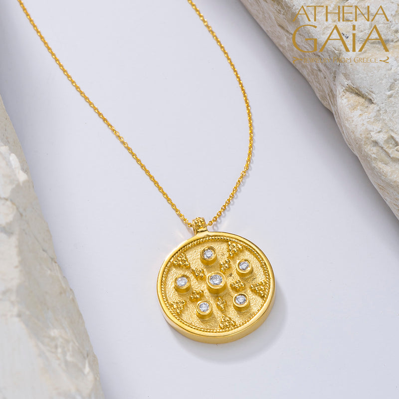 Byzantine Embroidery Small Disc Pendant Necklace - 18k Gold Necklace