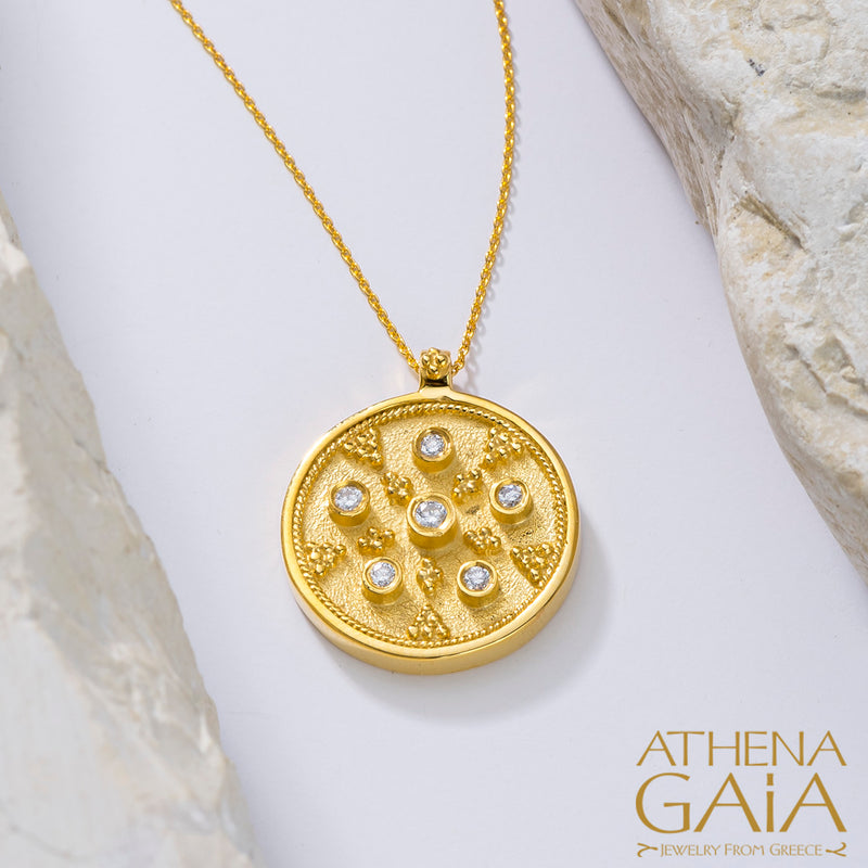 Byzantine Embroidery Small Disc Pendant Necklace - 18k Gold Necklace