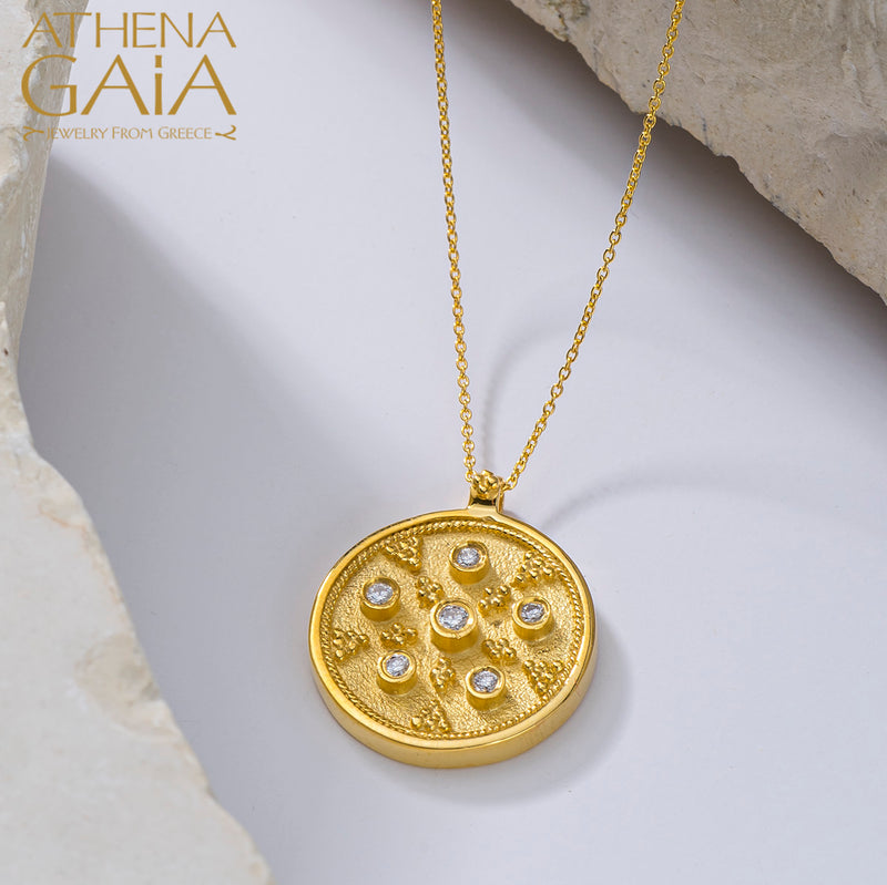 Byzantine Embroidery Small Disc Pendant Necklace - 18k Gold Necklace