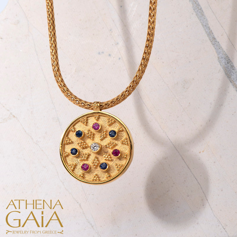 Byzantine Embroidery Disc Pendant Necklace (Large) - 18k Gold Necklace