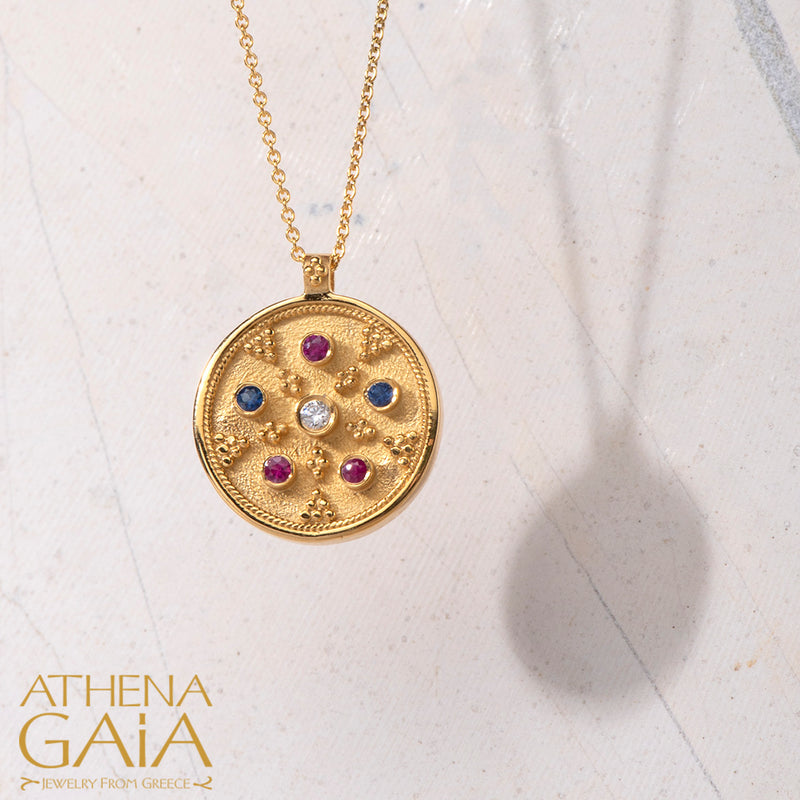 Byzantine Embroidery Small Disc Pendant Necklace - 18k Gold Necklace