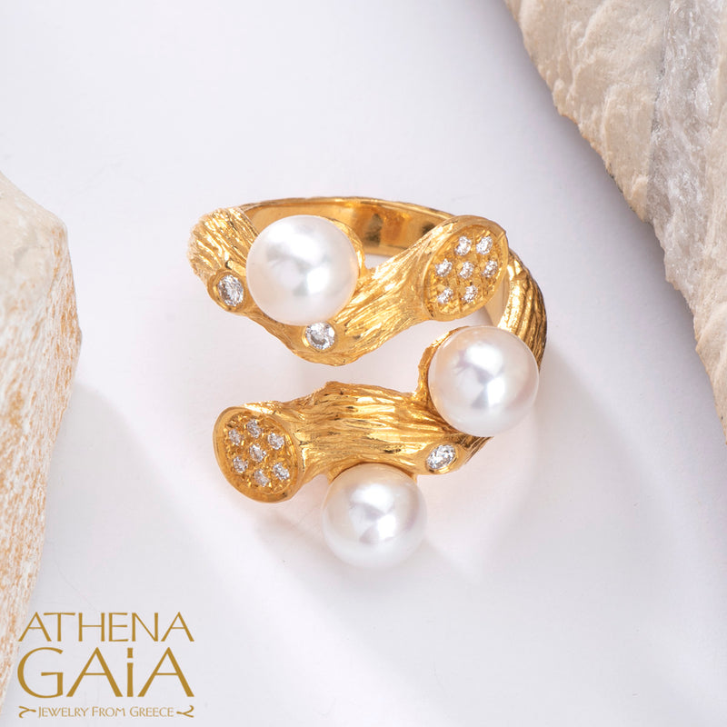 Four Seasons Winter Pearl Ring - 18k Gold Ring - Cocktail Ring