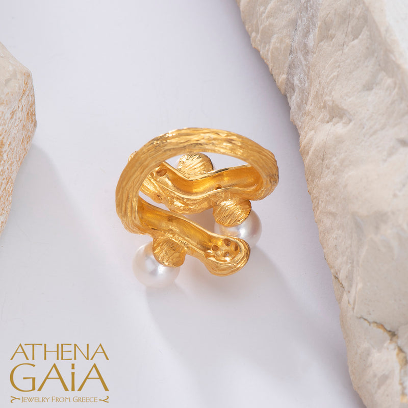 Four Seasons Winter Pearl Ring - 18k Gold Ring - Cocktail Ring