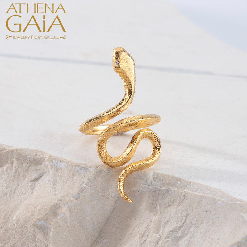 Mythology Snakes Stone Eyes Ring - 18k Gold Ring - Cocktail Ring