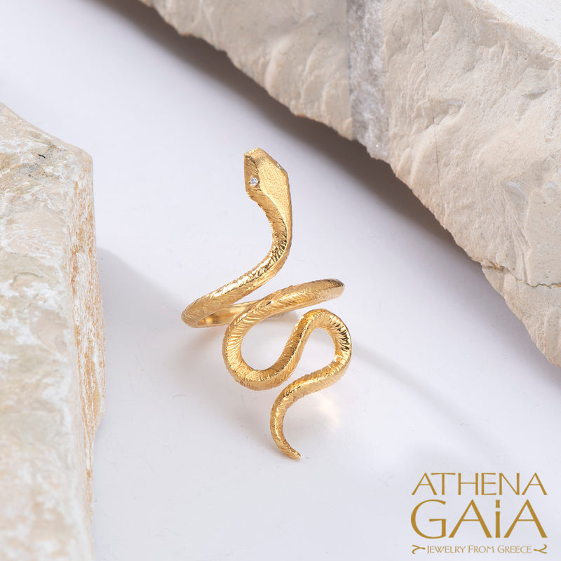Mythology Snakes Stone Eyes Ring - 18k Gold Ring - Cocktail Ring