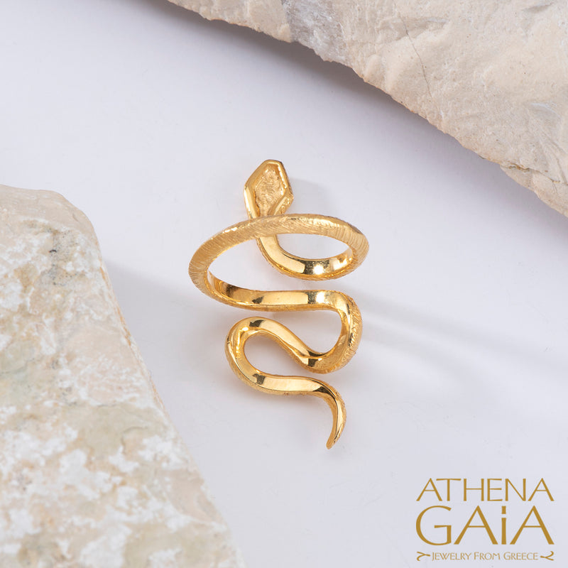 Mythology Snakes Stone Eyes Ring - 18k Gold Ring - Cocktail Ring