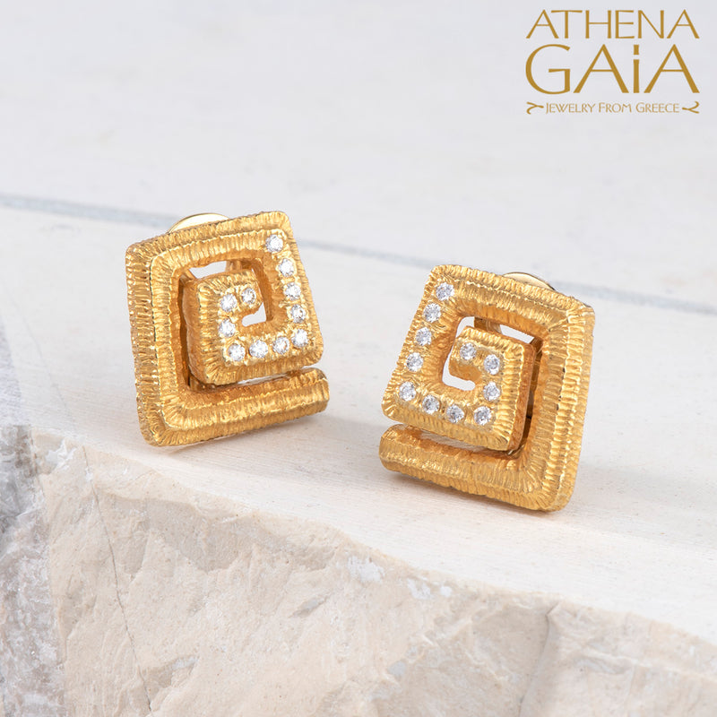 Meander Diamond Earrings - 18k Gold Earrings - Omega Clip Earrings