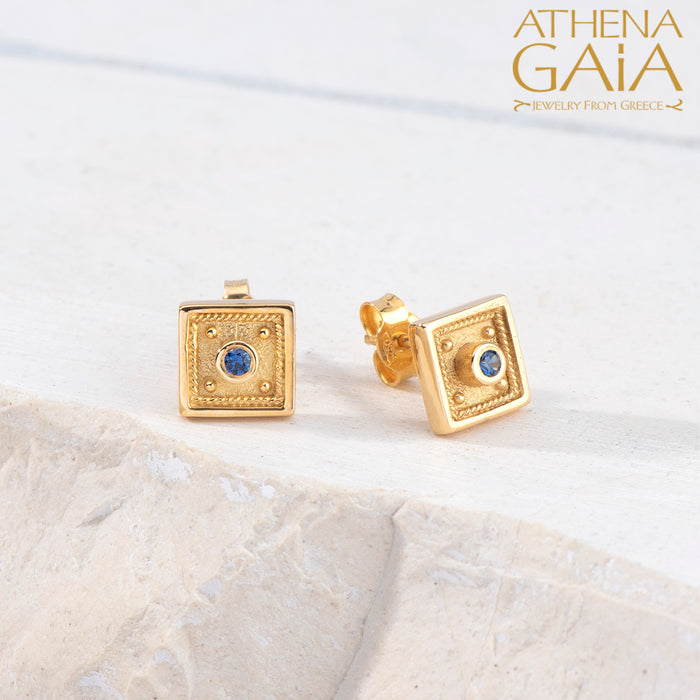 Byzantine Embroidery Small Square Post Earrings 18k Gold Stud