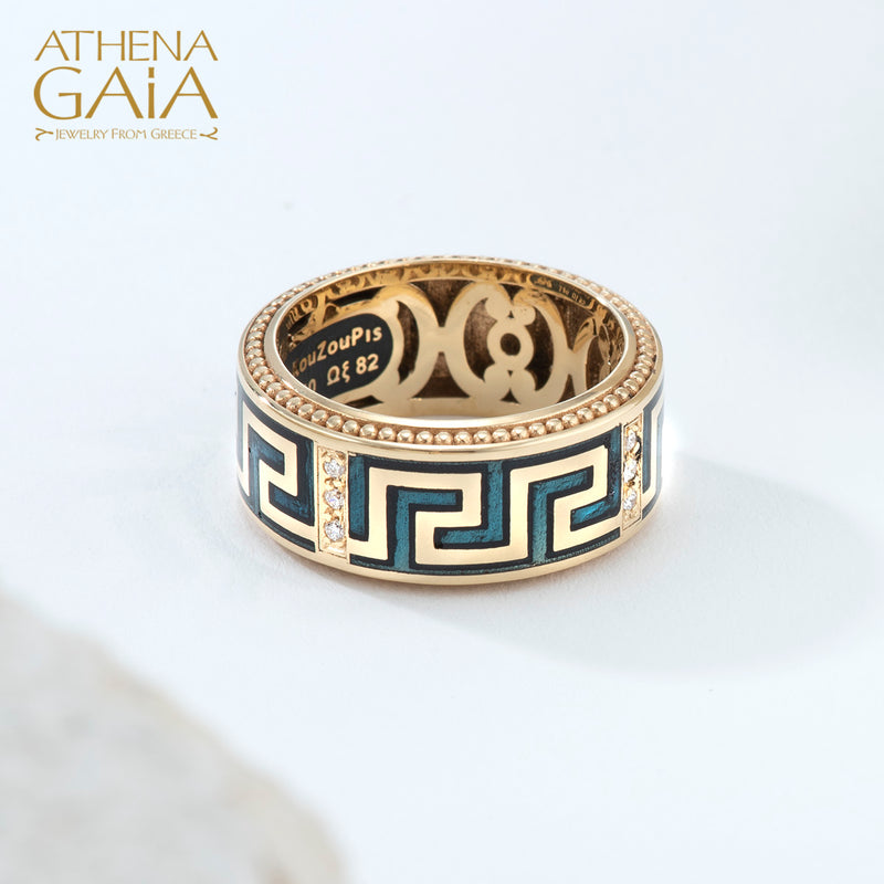 Eternal Greek Key Enamel Ring - 18k Gold Ring - Cigar Band Ring