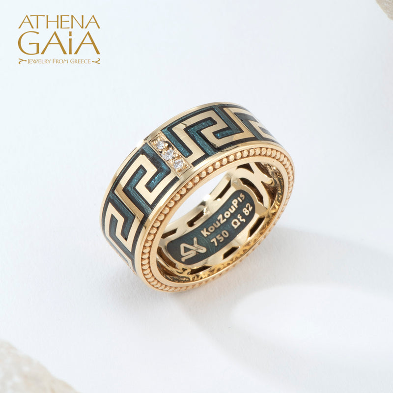 Eternal Greek Key Enamel Ring - 18k Gold Ring - Cigar Band Ring