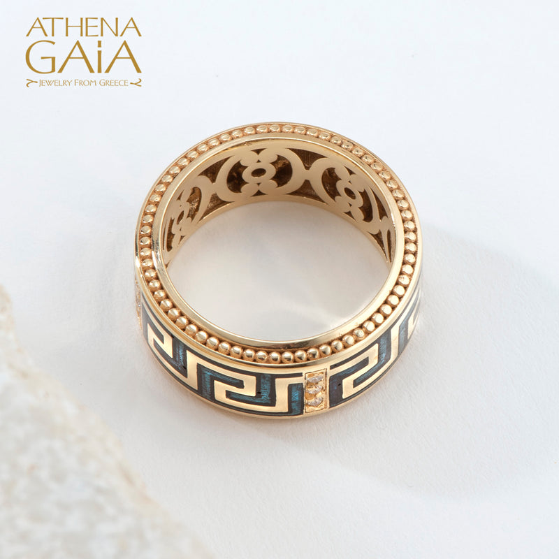 Eternal Greek Key Enamel Ring - 18k Gold Ring - Cigar Band Ring