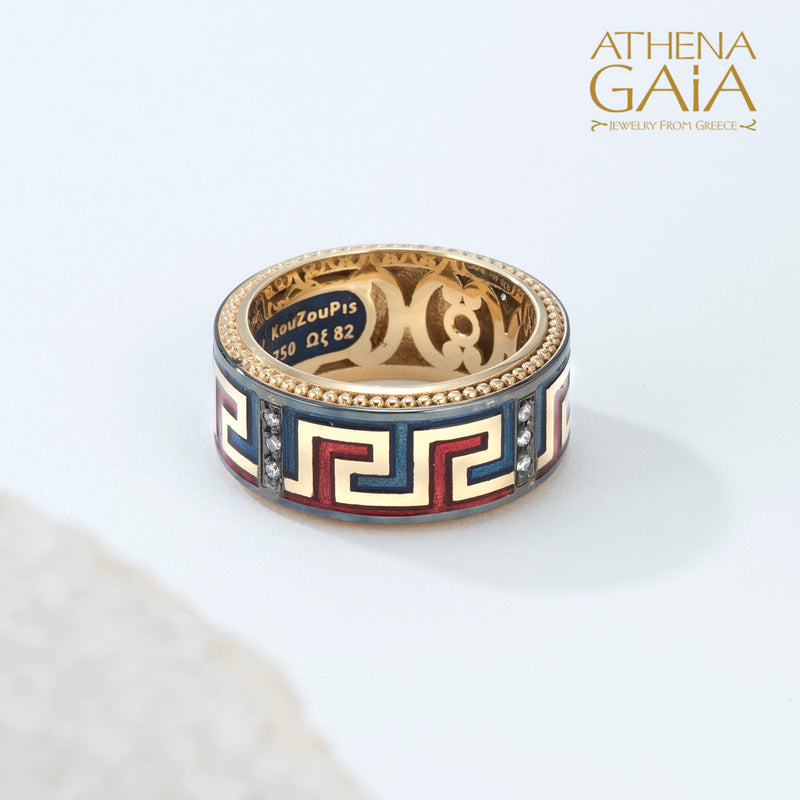 Eternal Greek Key Enamel Ring - 18k Gold Ring - Cigar Band Ring