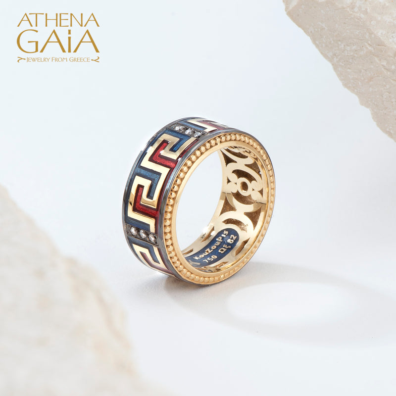 Eternal Greek Key Enamel Ring - 18k Gold Ring - Cigar Band Ring