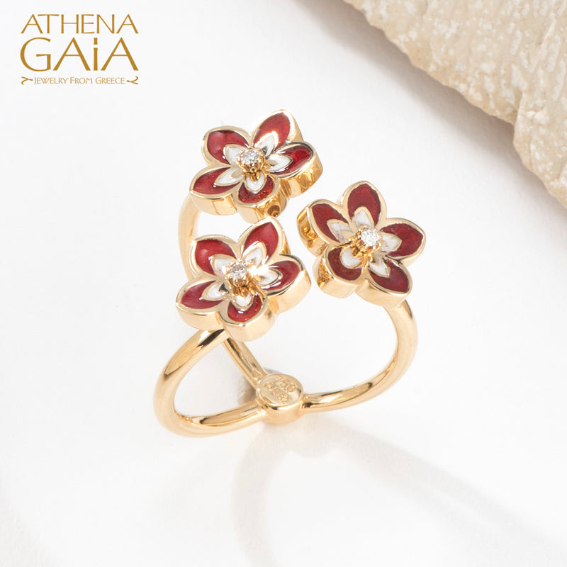 Stars Triple Rotating Flower Enamel with Diamonds Ring - 18k Gold Ring - Cocktail Ring