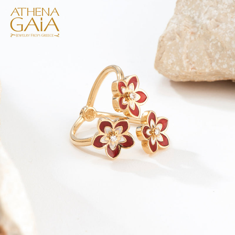 Stars Triple Rotating Flower Enamel with Diamonds Ring - 18k Gold Ring - Cocktail Ring