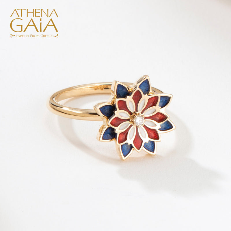 Stars Double Flower Enamel Ring with Diamond