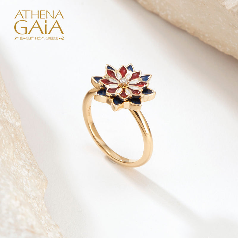 Stars Double Flower Enamel Ring with Diamond