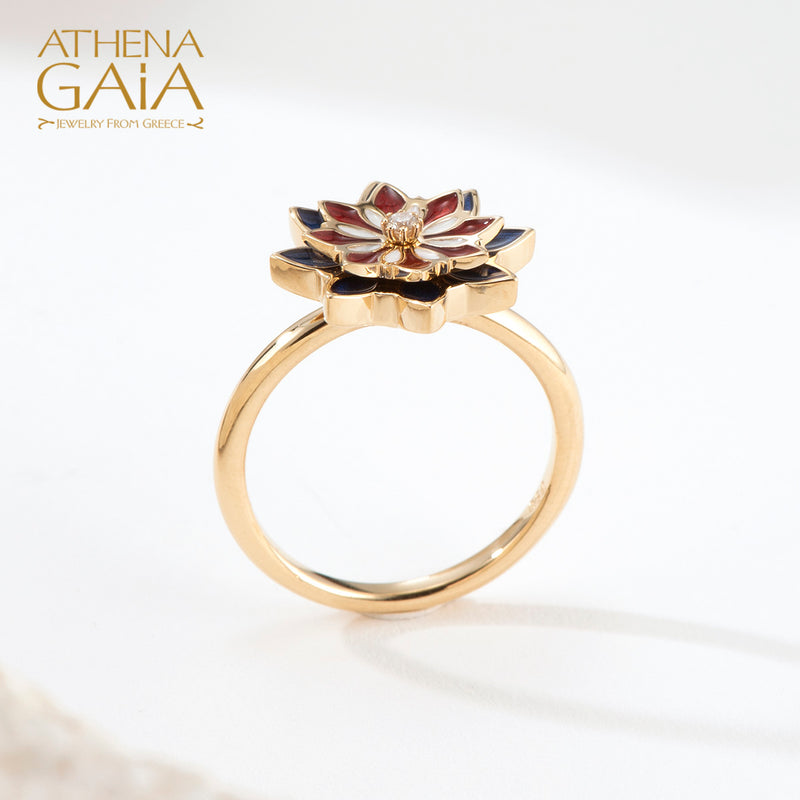 Stars Double Flower Enamel Ring with Diamond