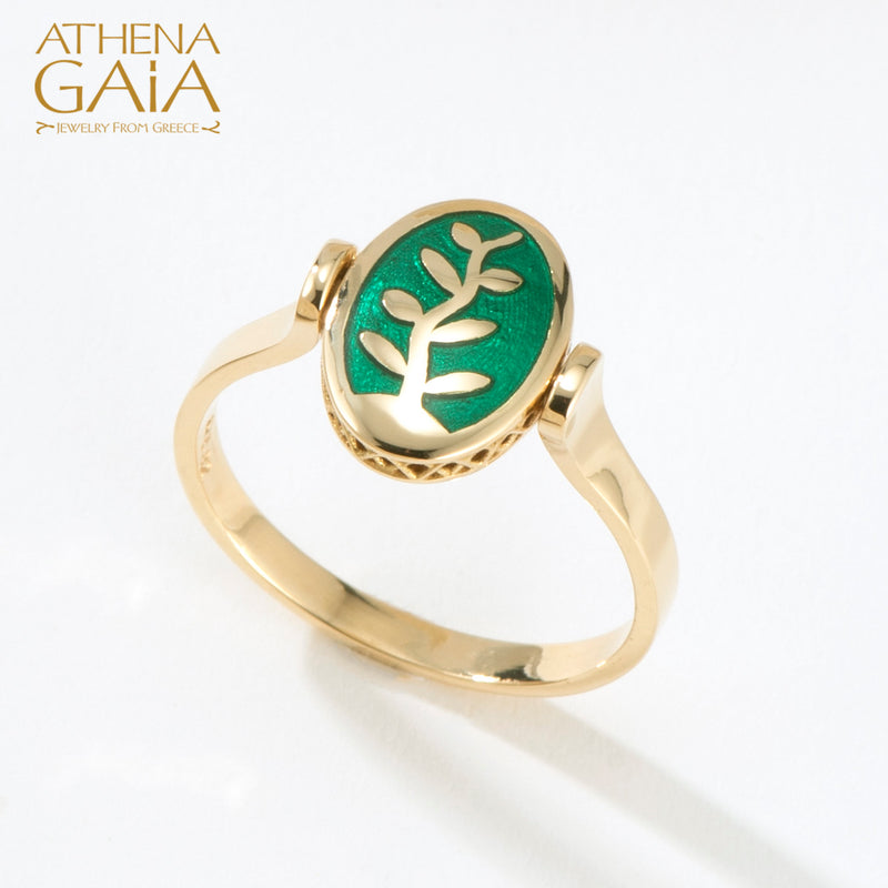 Elegant Rotating Tree of Life Enamel Ring - 18k Gold Ring