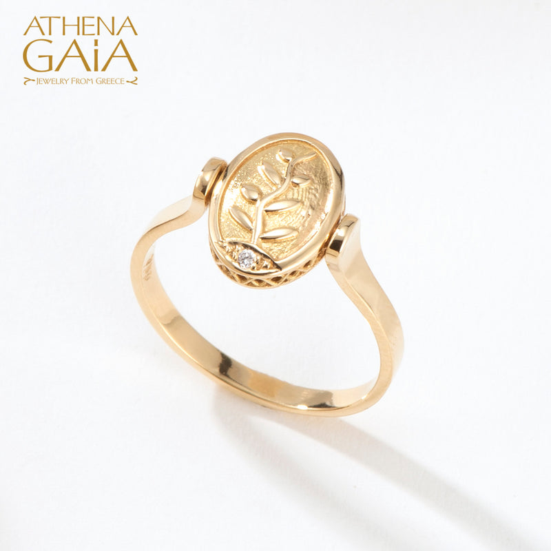 Elegant Rotating Tree of Life Enamel Ring - 18k Gold Ring