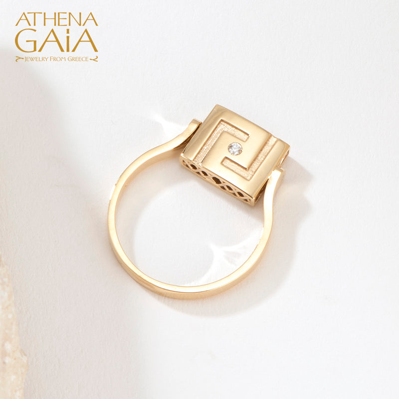 Elegant Rotating Greek Key Enamel Ring - 18k Gold Ring