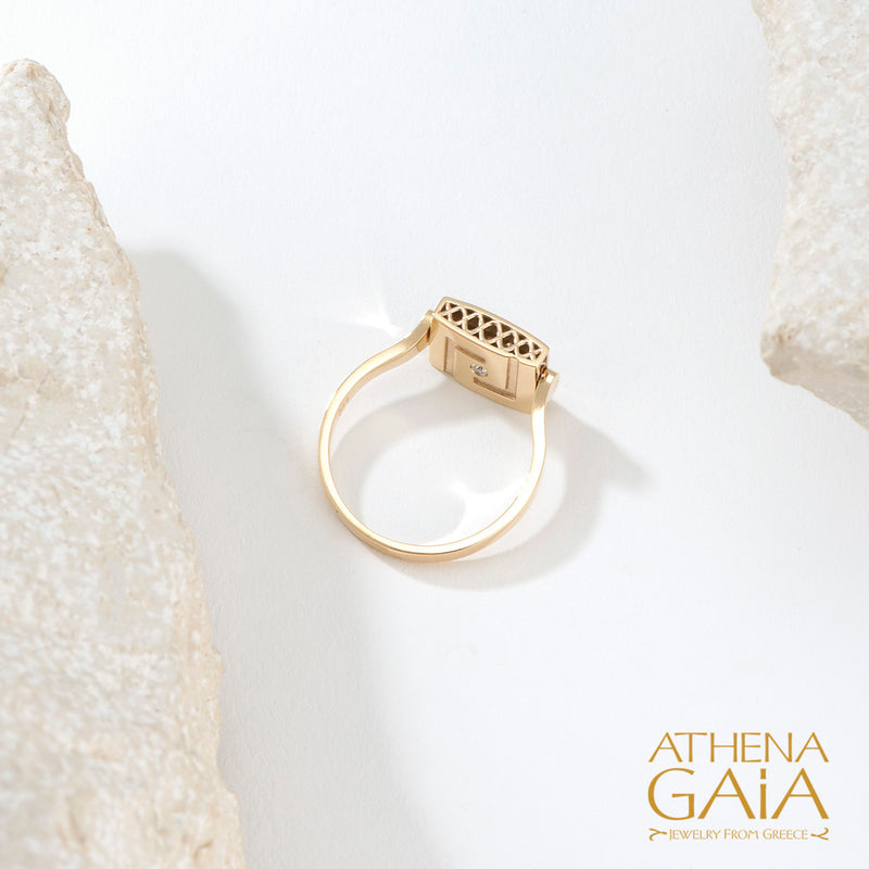 Elegant Rotating Greek Key Enamel Ring - 18k Gold Ring
