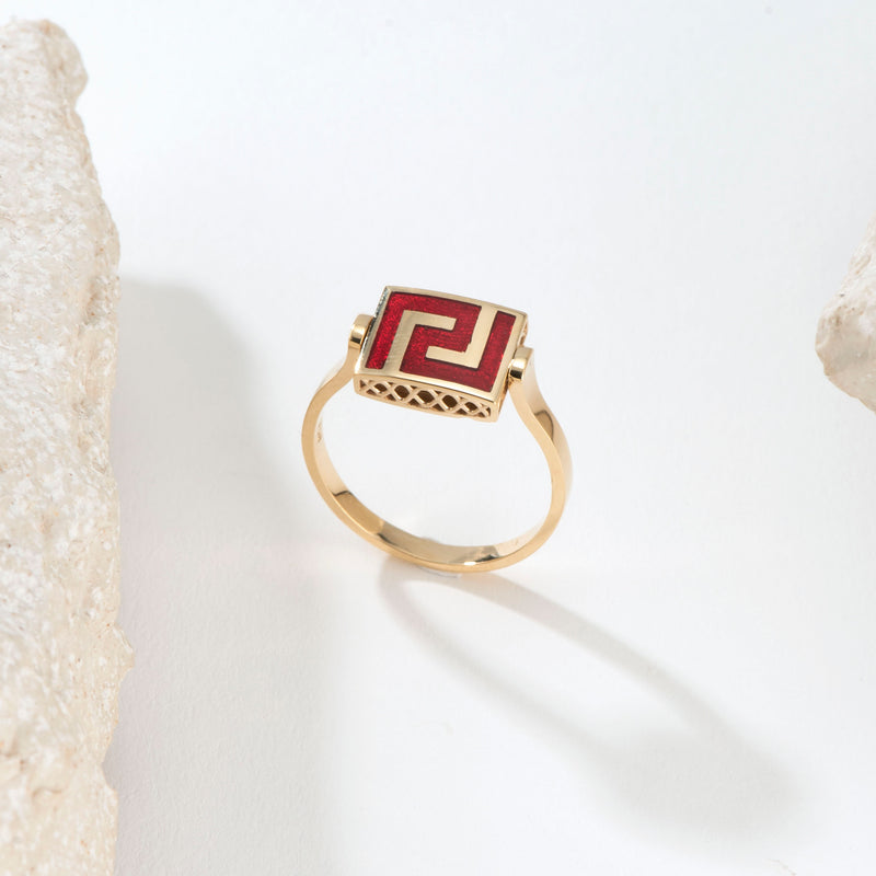 Elegant Rotating Greek Key Enamel Ring - 18k Gold Ring