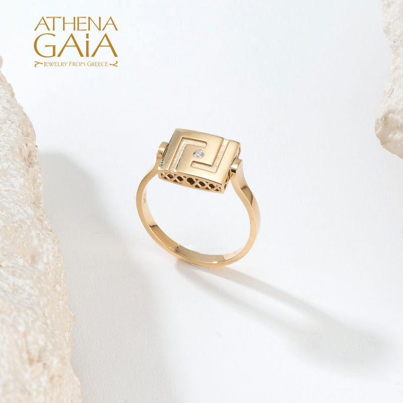 Elegant Rotating Greek Key Enamel Ring - 18k Gold Ring