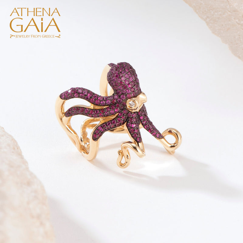 Aegean Sea Ruby and Diamond Octopus Ring - 18k Gold Ring - Cocktail Ring