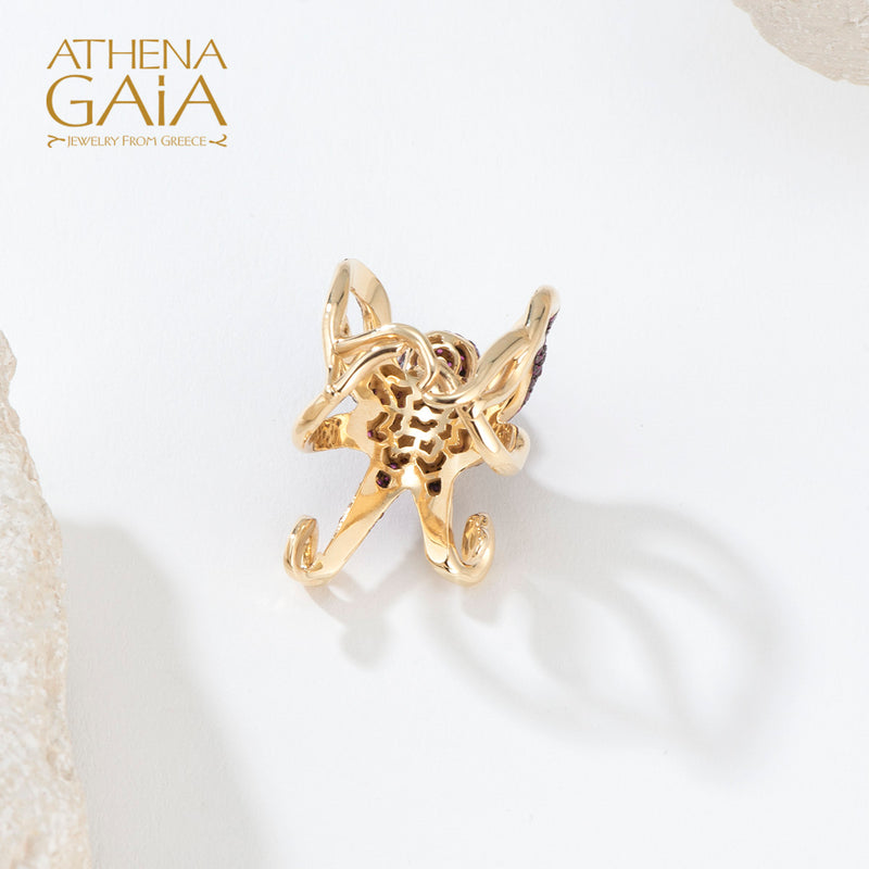 Aegean Sea Ruby and Diamond Octopus Ring - 18k Gold Ring - Cocktail Ring