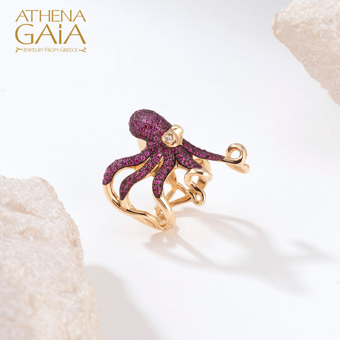 Aegean Sea Ruby and Diamond Octopus Ring