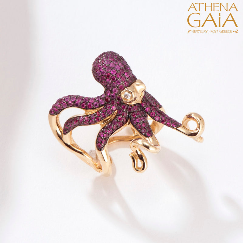 Aegean Sea Ruby and Diamond Octopus Ring - 18k Gold Ring - Cocktail Ring