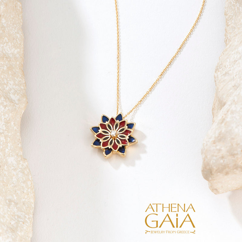 Stars Double Flower Enamel Pendant Necklace - 18k Gold Necklace
