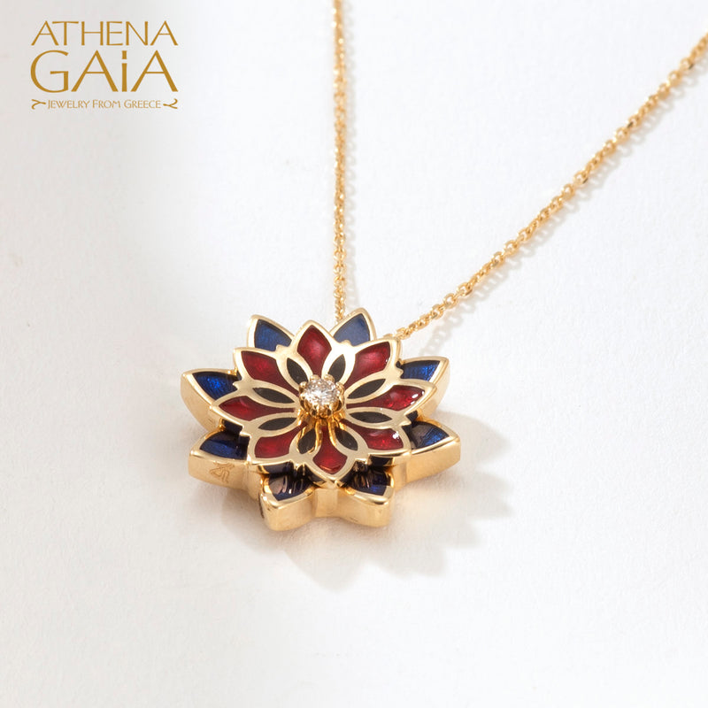 Stars Double Flower Enamel Pendant Necklace - 18k Gold Necklace