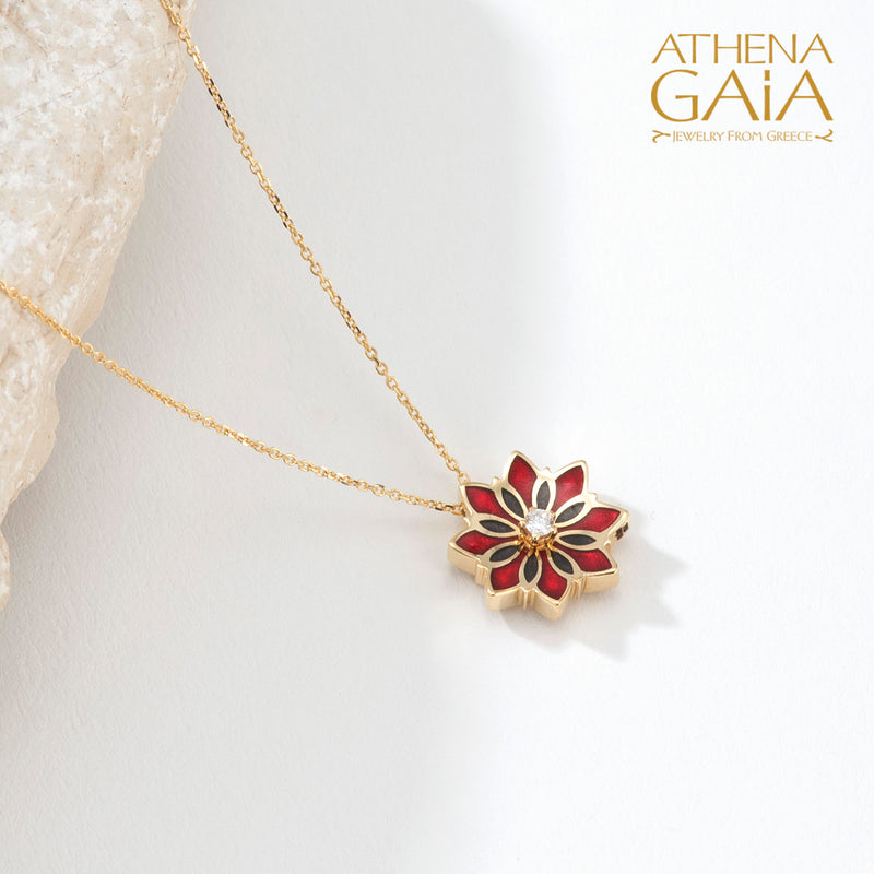 Stars Single Flower Enamel Pendant Necklace - 18k Gold Necklace