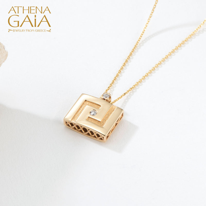 Elegant Reversible Meander Enamel Pendant Necklace - 18k Gold Necklace