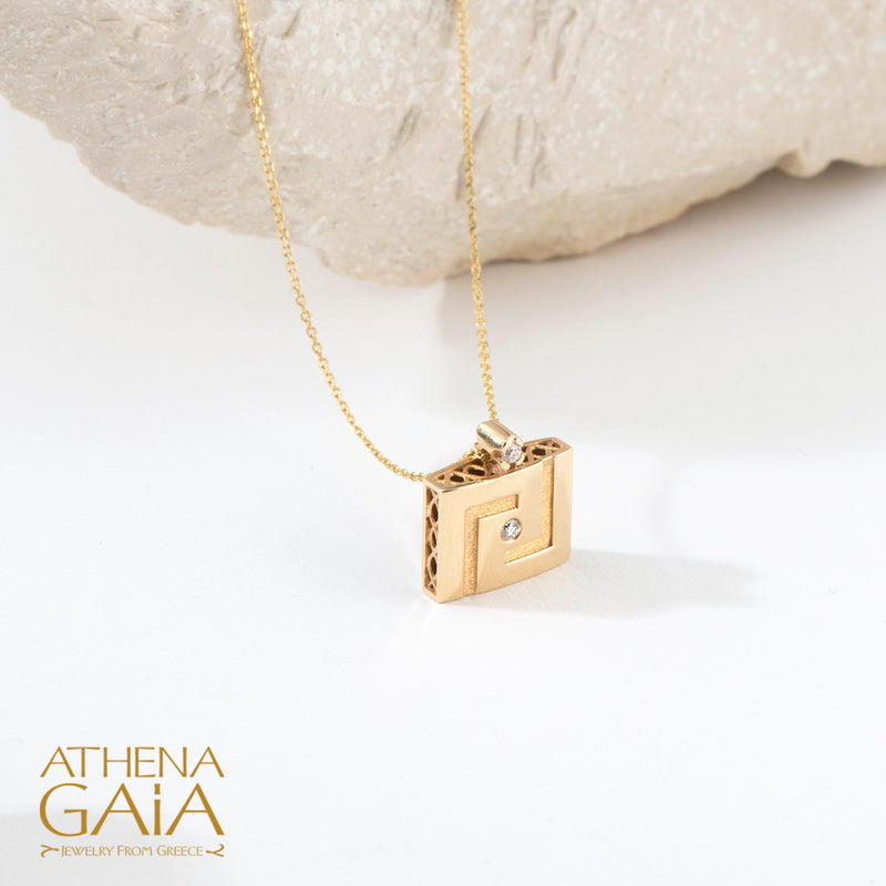 Elegant Reversible Meander Enamel Pendant Necklace - 18k Gold Necklace