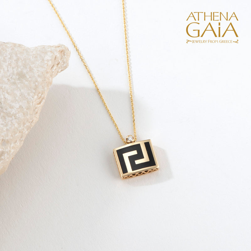 Elegant Reversible Meander Enamel Pendant Necklace - 18k Gold Necklace