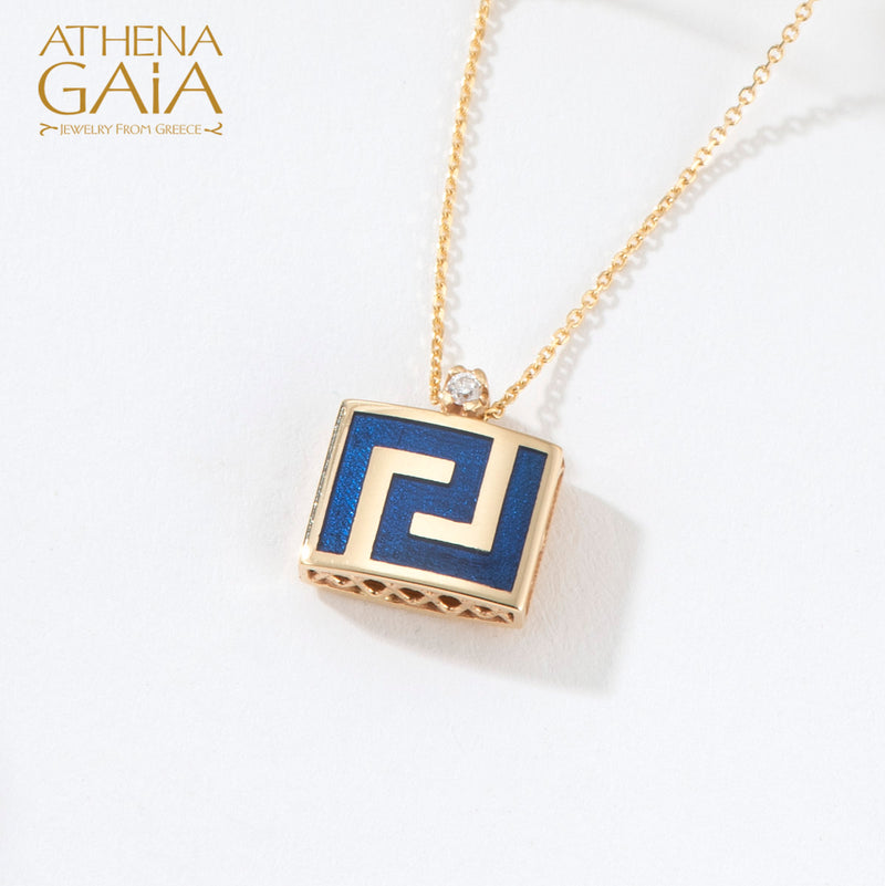 Elegant Reversible Meander Enamel Pendant Necklace - 18k Gold Necklace